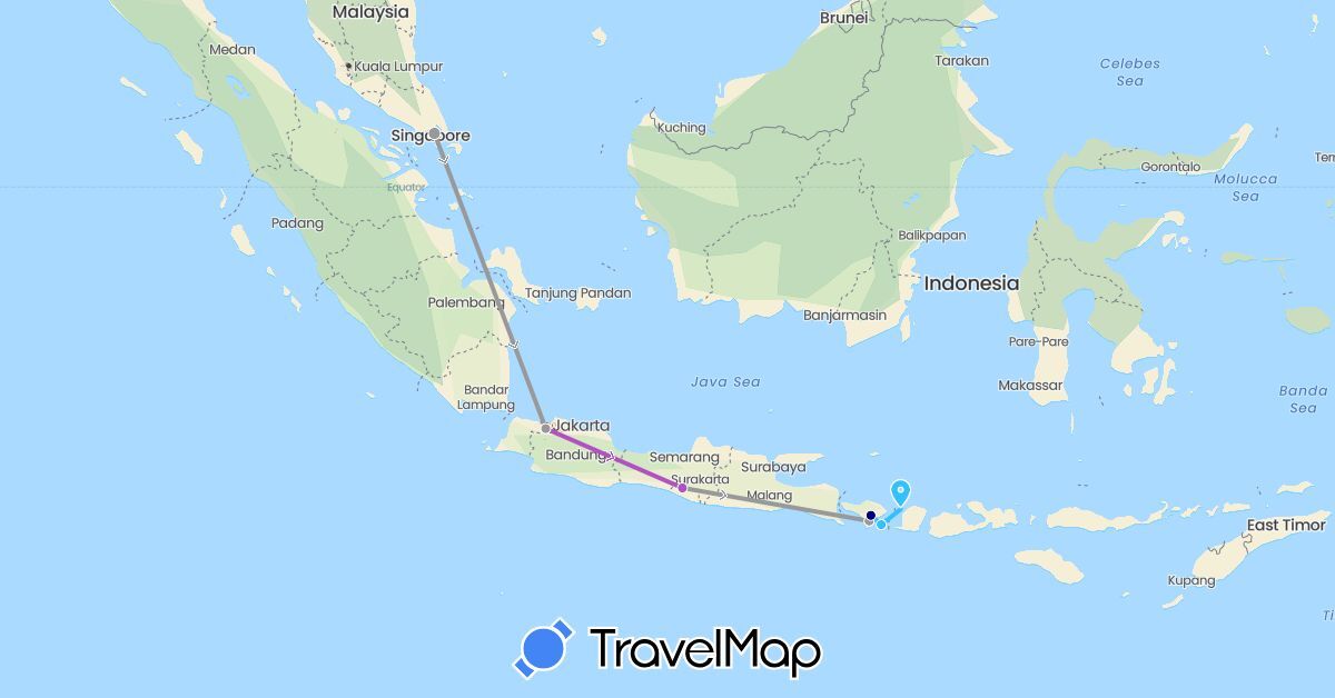 TravelMap itinerary: driving, plane, train, boat in Indonesia, Singapore (Asia)